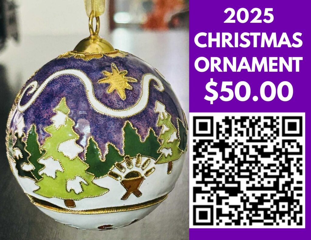 Purple Christmas ornament with green trees and a Nativity design. Flyer lists $50 and a QR code.