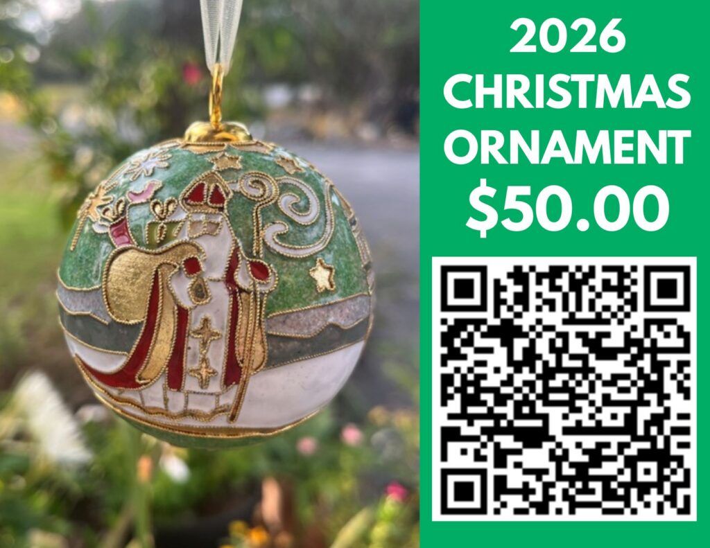 Green Christmas ornament featuring Saint Nicholas. Flyer lists $50 and a QR code.